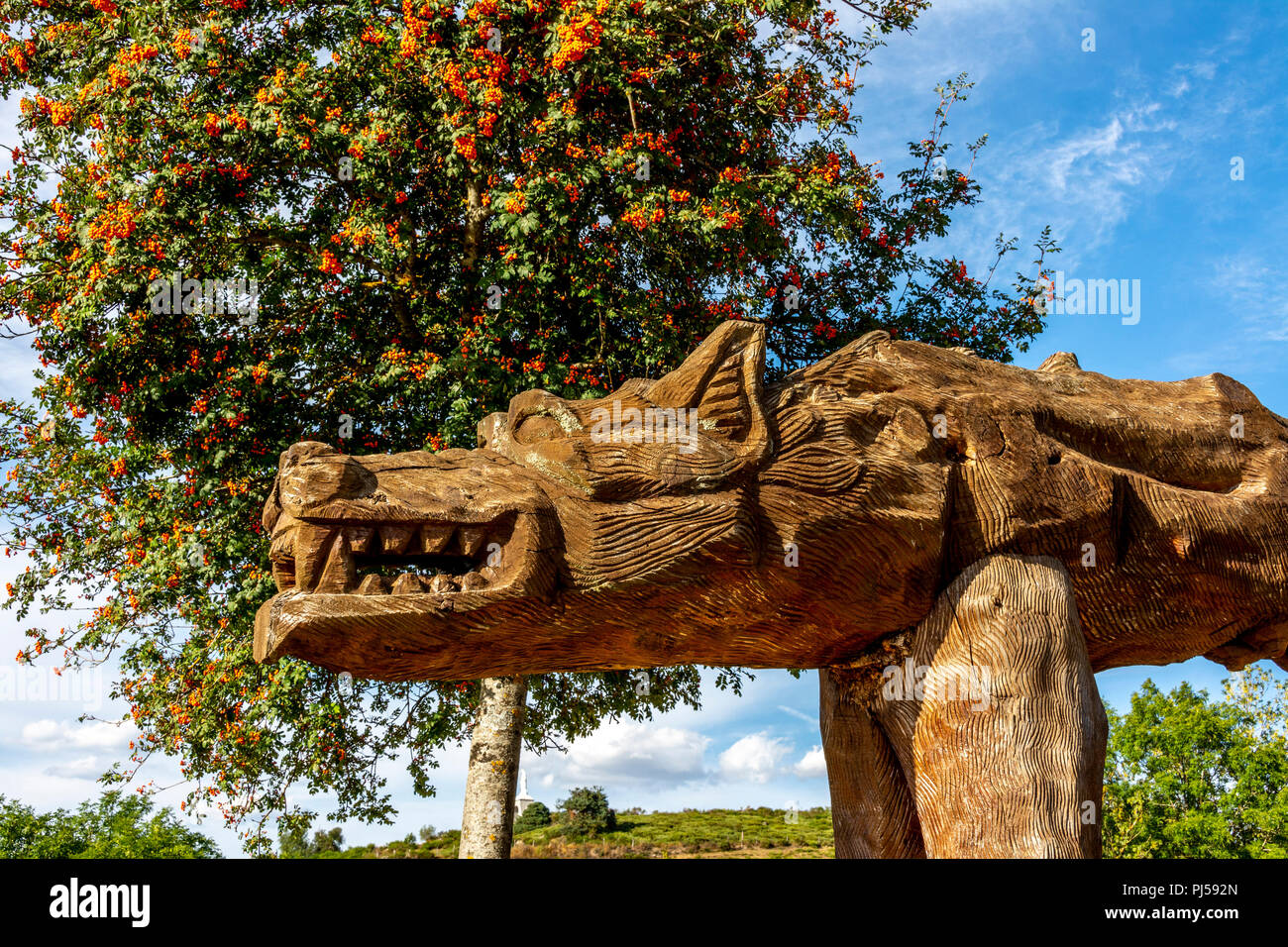 Sculpture of the Beast of Gevaudan, village of Saugues, Haute Loire, Auvergne Rhone Alpes, France Stock Photo
