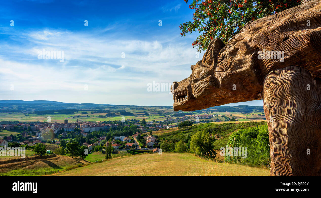 Sculpture of the Beast of Gevaudan, village of Saugues, Haute Loire, Auvergne Rhone Alpes, France Stock Photo