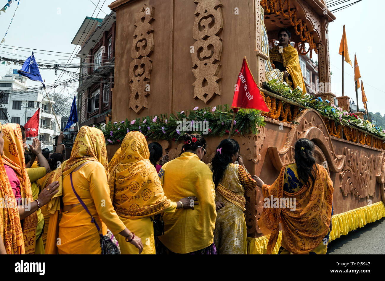 Kathmandu, Nepal - April 15, 2016: Unidentified Nepalese women parade in the street at during the the Nepalese New Year 2073 Festival. - Nepalese wome Stock Photo