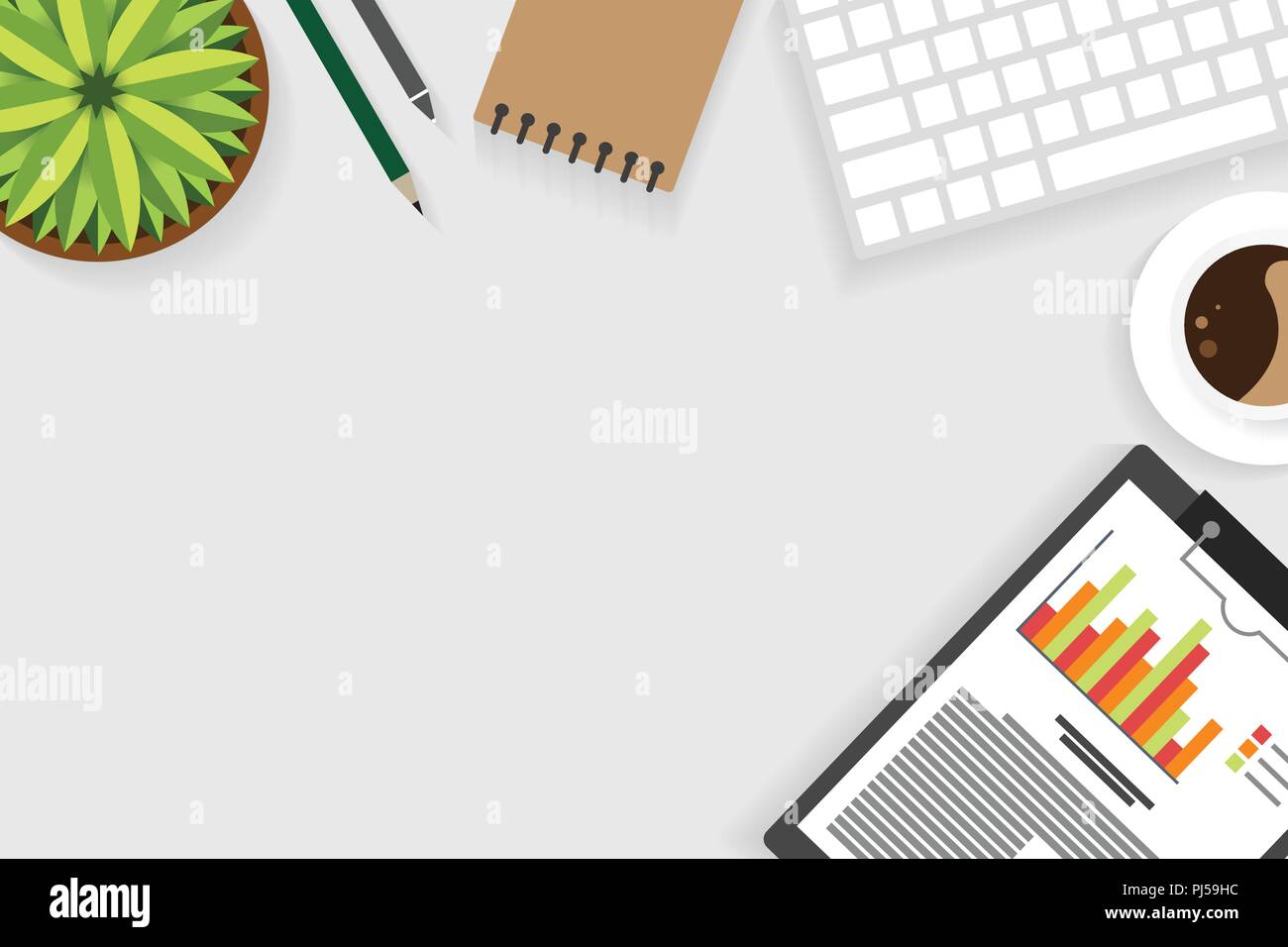 Top view of table working, working desk with gadget and free space for text and accessory on table, laptop, keyboard, book, note, coffee cup, gadget Stock Vector