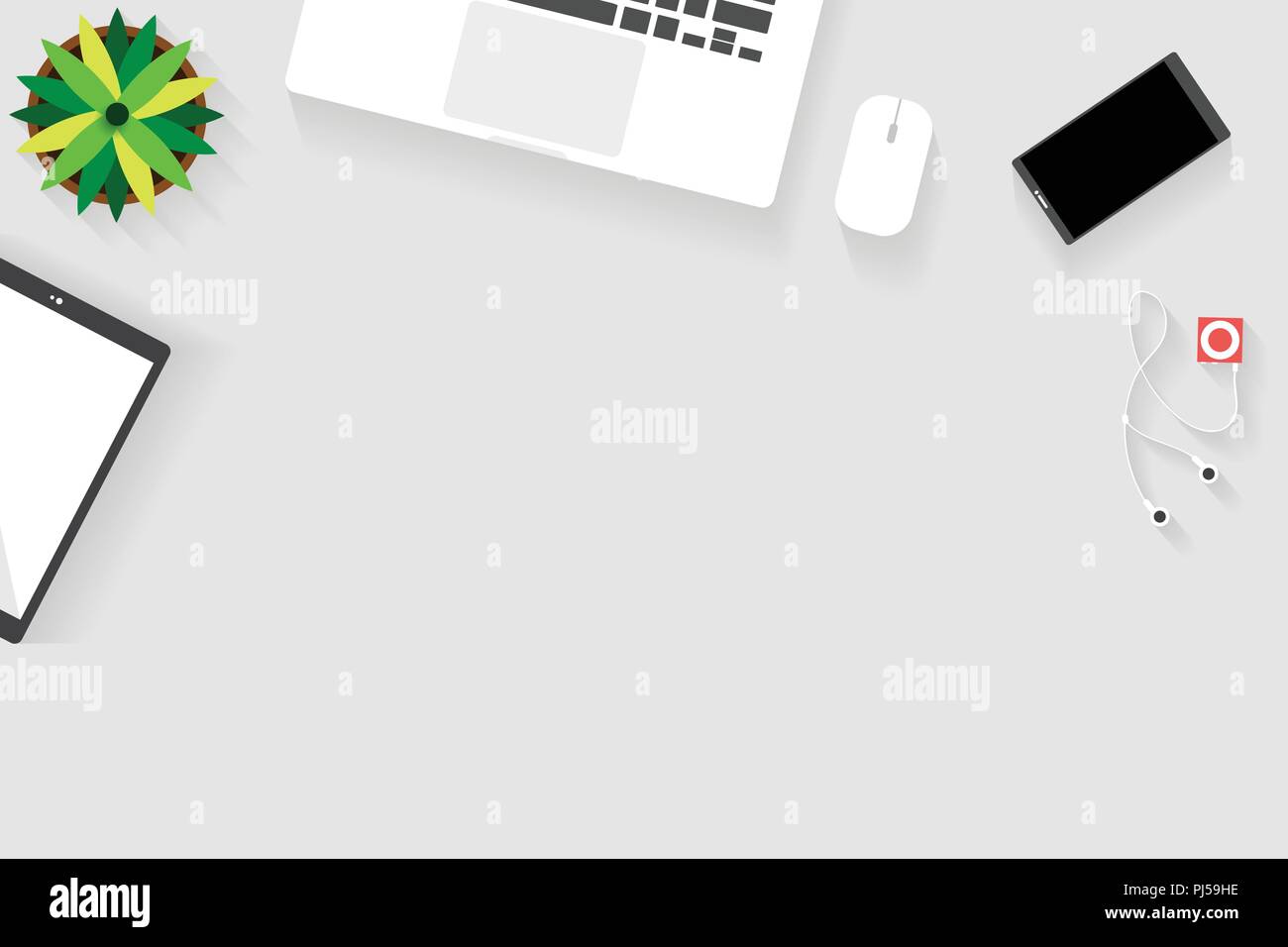 Top view of table working, working desk with gadget and free space for text and accessory on table, laptop, keyboard, book, note, coffee cup, gadget Stock Vector