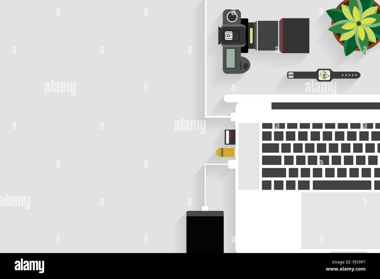Top view of table working, working desk with gadget and free space for text and accessory on table, laptop, keyboard, book, note, coffee cup, gadget Stock Vector