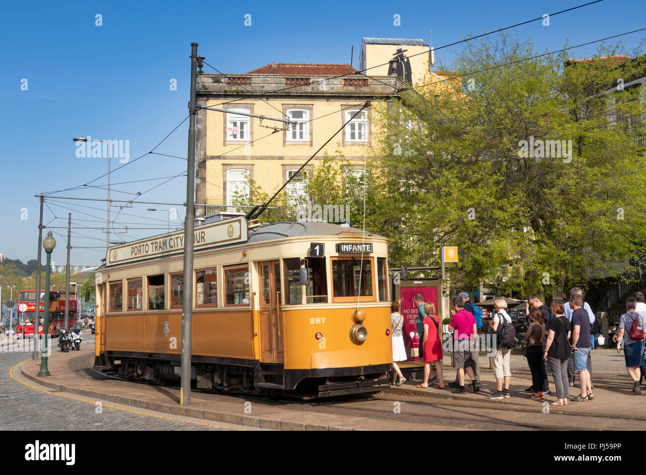 Portugal, Porto, Ribeira World Heritage Site district, sightseeing tour tram Stock Photo