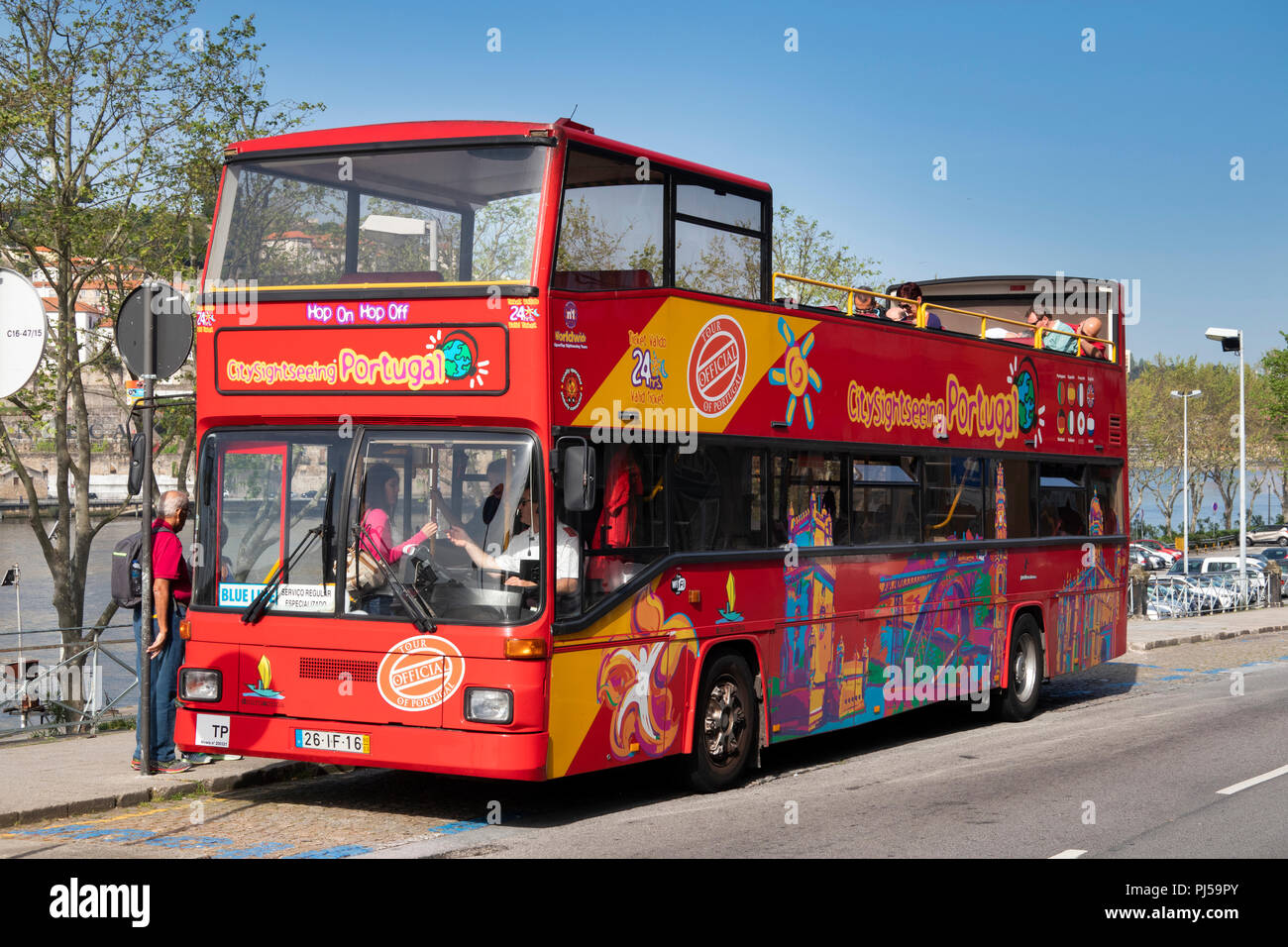 Portugal, Porto, Ribeira district, city sightseeing open topped, hop on, hop off, tour bus Stock Photo