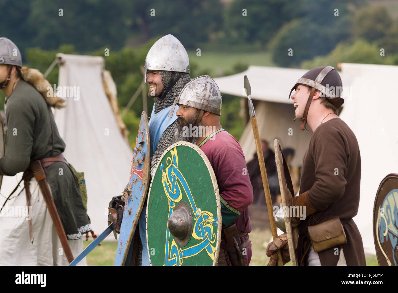 Medieval battle re-enactment of the Cwmwd Ial society re-enacting the battle of Crogen 1165 in Chirk North Wales 2018 Stock Photo