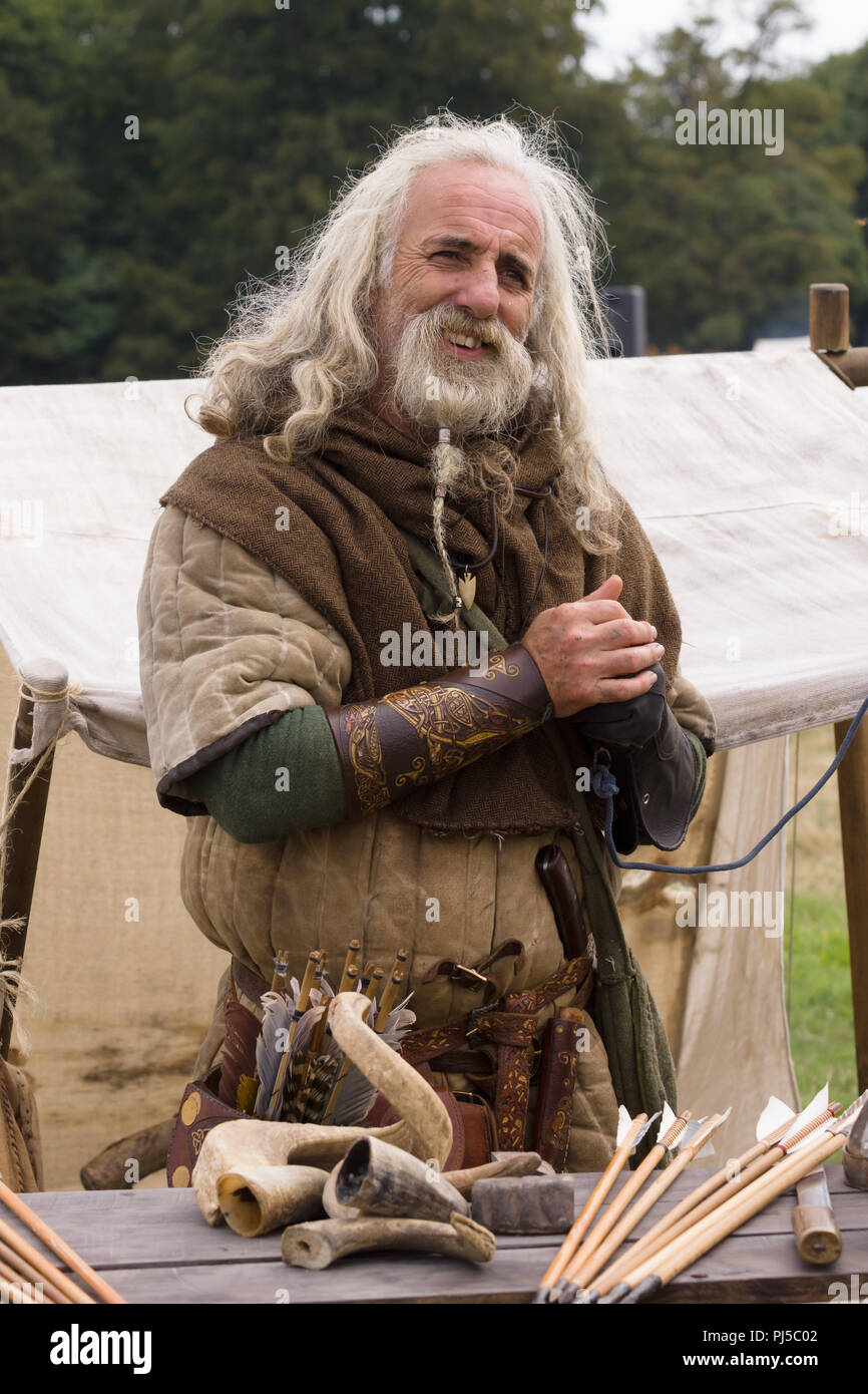 Medieval battle re-enactment of the Cwmwd Ial society re-enacting the battle of Crogen 1165 in Chirk North Wales 2018 Stock Photo