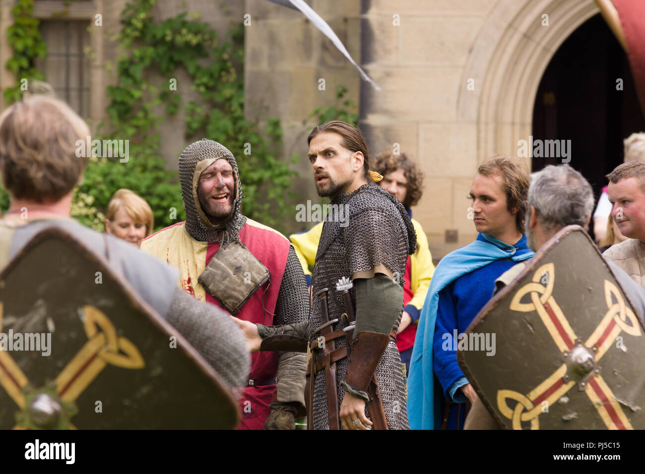 Medieval battle re-enactment of the Cwmwd Ial society re-enacting the battle of Crogen 1165 in Chirk North Wales 2018 Stock Photo