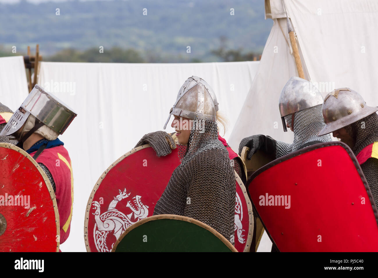Medieval battle re-enactment of the Cwmwd Ial society re-enacting the battle of Crogen 1165 in Chirk North Wales 2018 Stock Photo