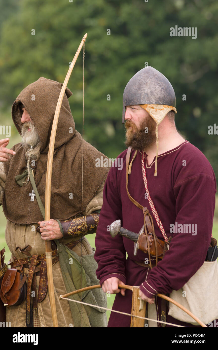 Medieval battle re-enactment showing archers of the Cwmwd Ial society re-enacting the battle of Crogen 1165 in Chirk North Wales 2018 Stock Photo