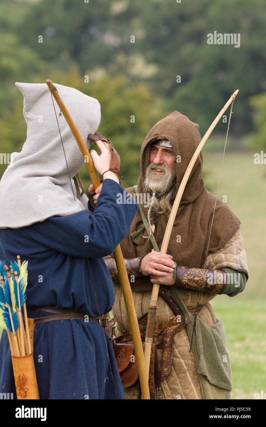 Medieval battle re-enactment showing archers of the Cwmwd Ial society re-enacting the battle of Crogen 1165 in Chirk North Wales 2018 Stock Photo