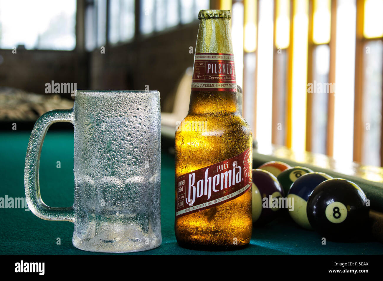 Tlaxcala, Mexico - September 04.2018.Bohemia Pilsner is a pale pilsner Mexican beer made by the Cuauhtemoc Moctezuma Brewery, its own by Heineken grou Stock Photo
