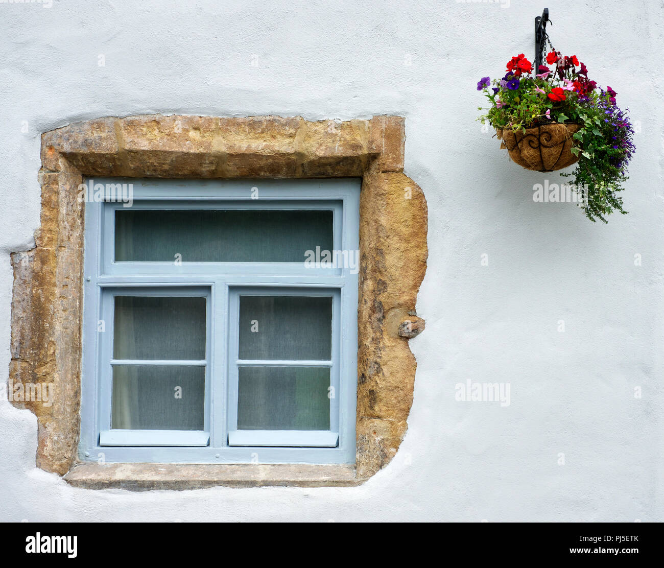 Window with exposed stone and a hanging floral basket on a restored cottage, in Wells, Somerset, UK Stock Photo