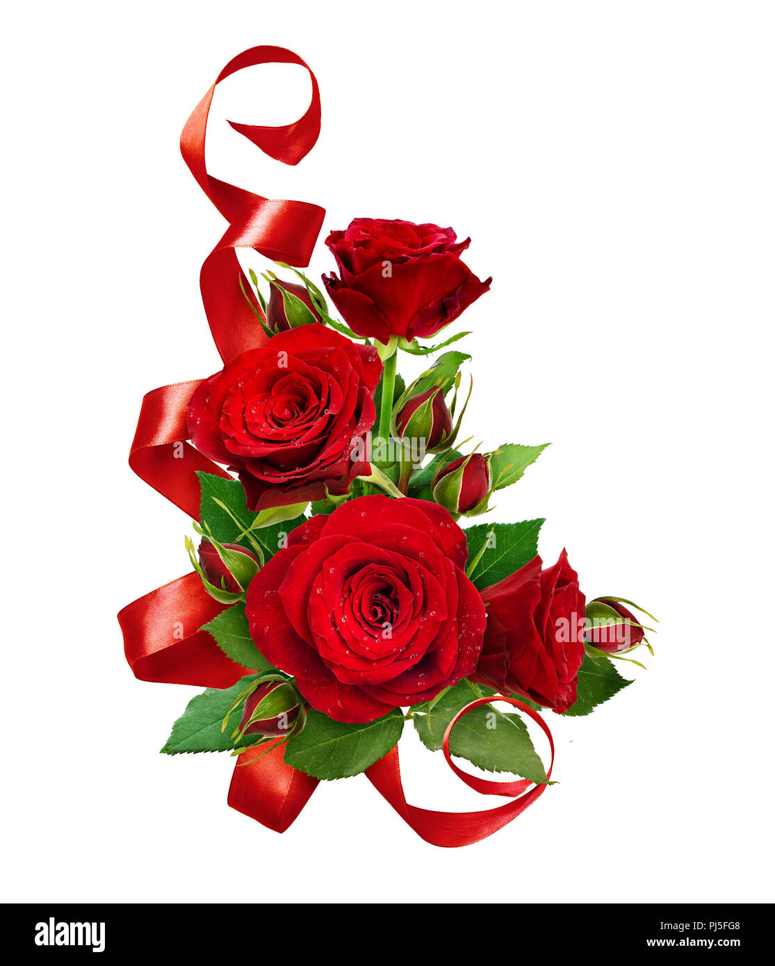 Corner composition with red rose flowers and silk ribbon isolated on ...