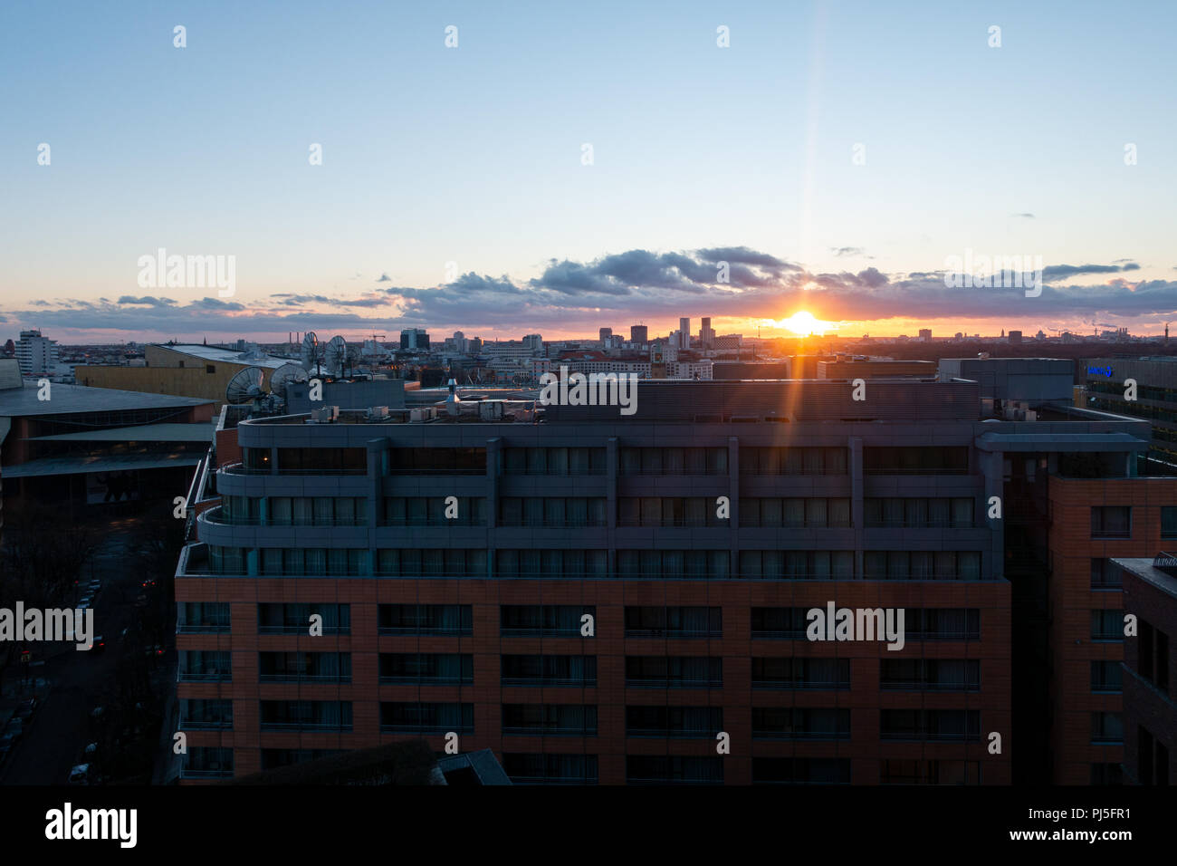 View over the Potsdamer Platz area in Berlin at sunset. Stock Photo
