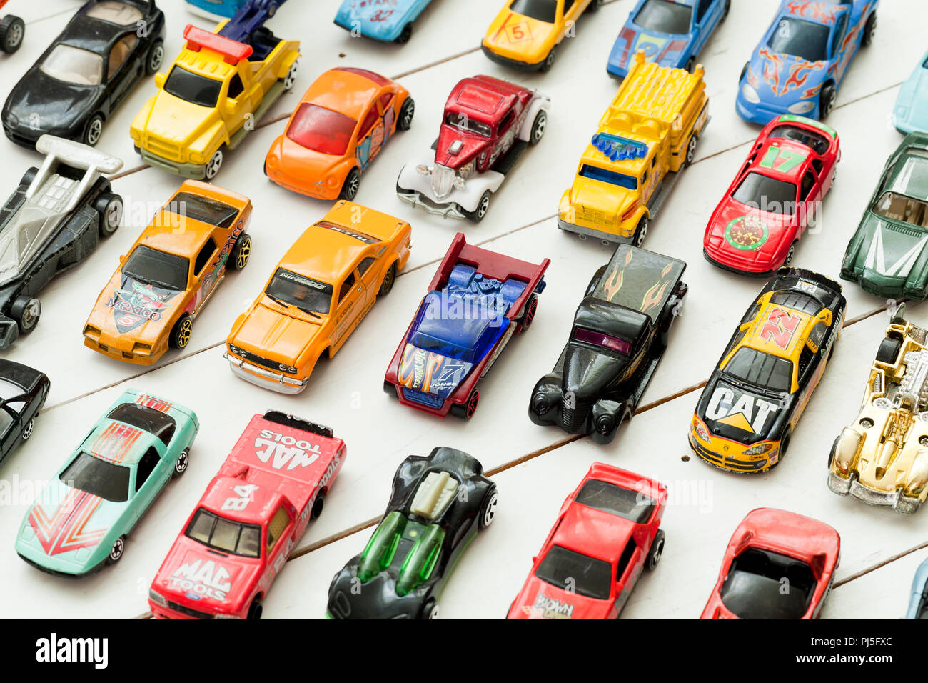 Vintage used Hot Wheels collection on table - USA Stock Photo