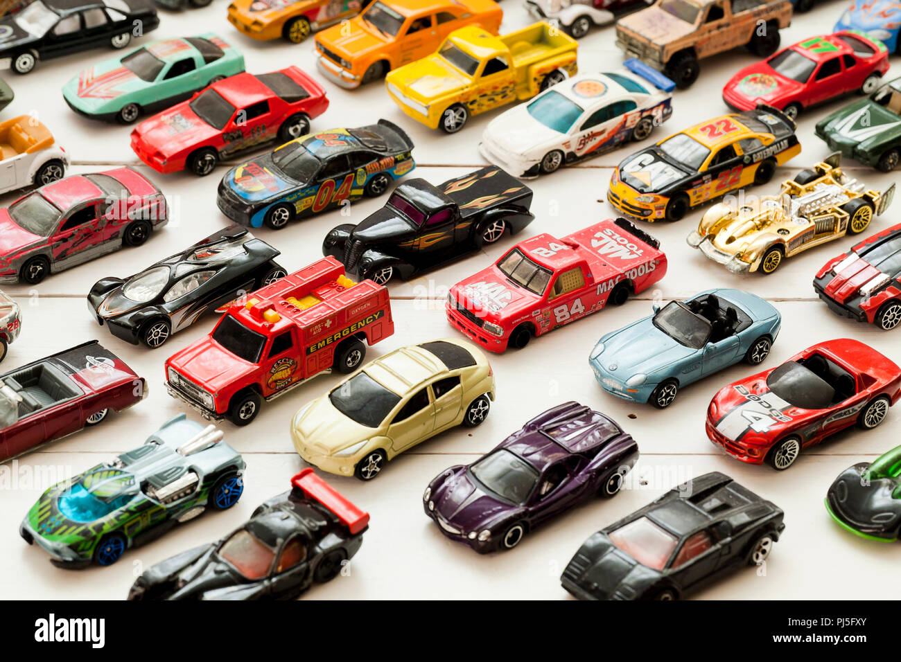 Vintage used Hot Wheels collection on table - USA Stock Photo