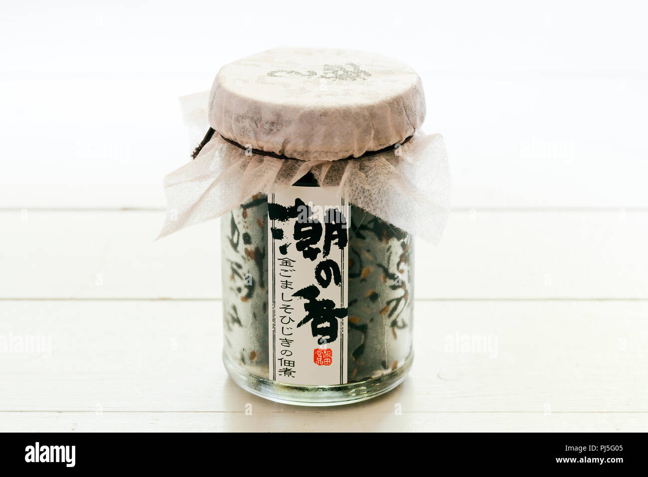 Shio no ka tsukudani (flavored nori seaweed) in bottle - Japanese seaweed. Stock Photo