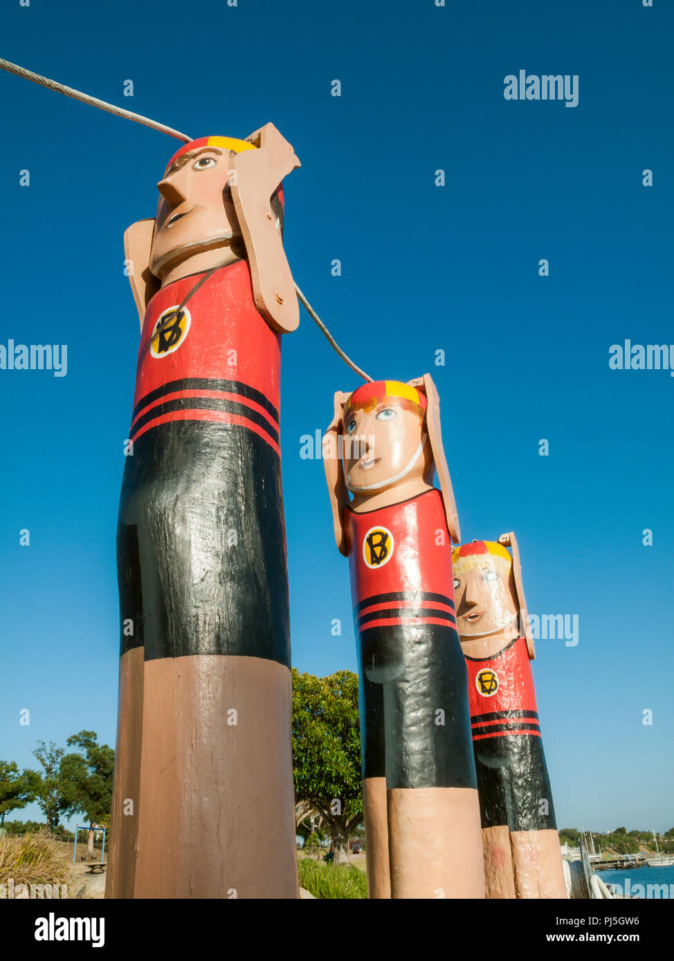 bollard sculptures by Jan Lennard along the waterfront at Eastern Beach, Geelong, Victoria, Australia Stock Photo