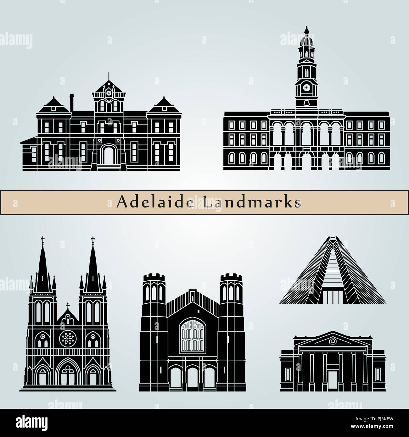 Adelaide V2 landmarks and monuments isolated on blue background in editable vector file Stock Photo