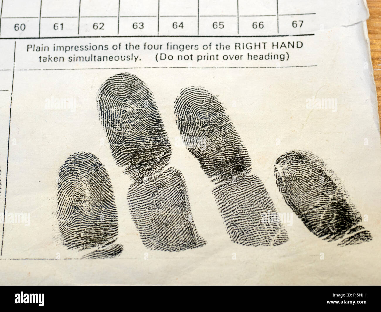 Fingerprints on an old fingerprint form as used historically by the UK Prison Service. Stock Photo