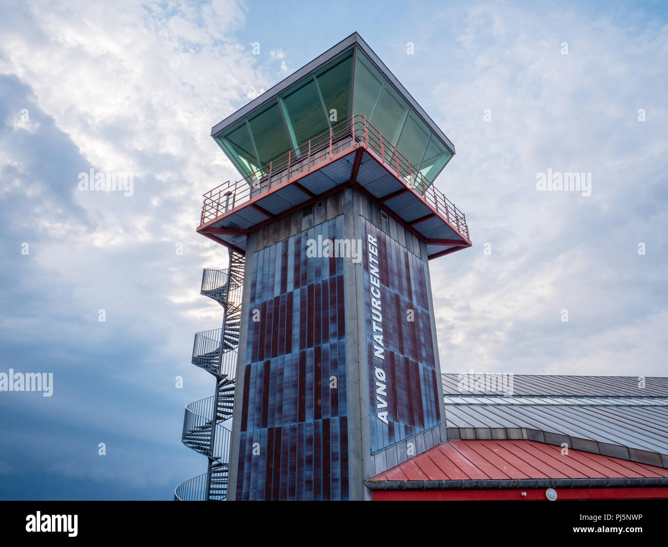 Avnø Naturcenter, Old Airport Control Tower, Now used for Bird Watching, Lundby, Zealand, Denmark, Europe. Stock Photo