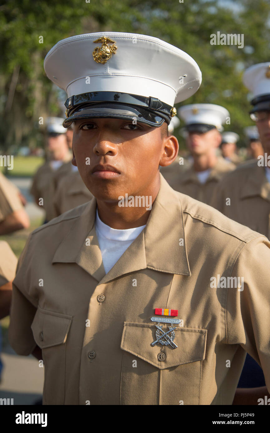 Pfc. Jose RodriguezCasimiro, the Bravo Company high shooter from Platoon 1056, scored 332 out of 350 points. RodriguezCasimiro graduated boot camp Aug. 24, 2018, and is from Gastonia, N.C.  (U.S. Marine Corps photo by Lance Cpl. Yamil Casarreal) Stock Photo