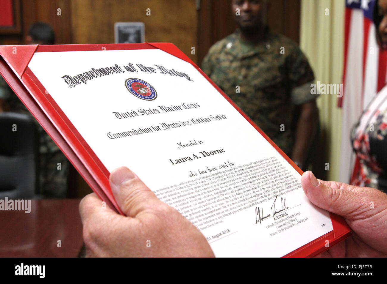 Mclb Albany Executive Director Kent Morrison Reads The Citation For The Meritorious Civilian Service Award Which Was Presented To Executive Assistant Laura Thorne August 27 Commanding Officer Col Alphonso Trimble Recognized Ms