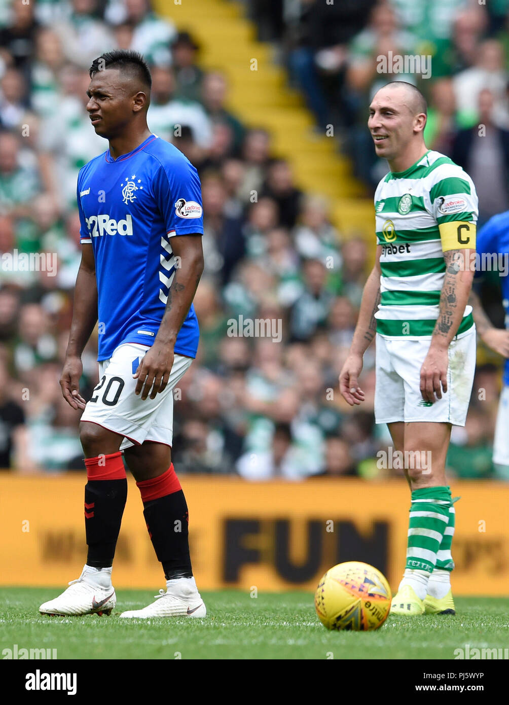 Rangers' Alfredo Morelos (right) and Celtic's Scott Brown during the