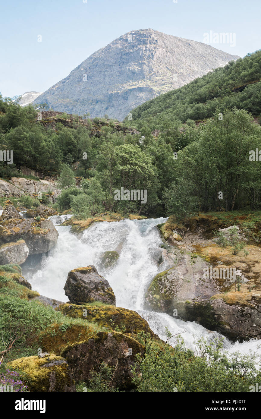 Waterfalls from the Briksdal glacier in Jostedalsbreen National Park, Norway Stock Photo