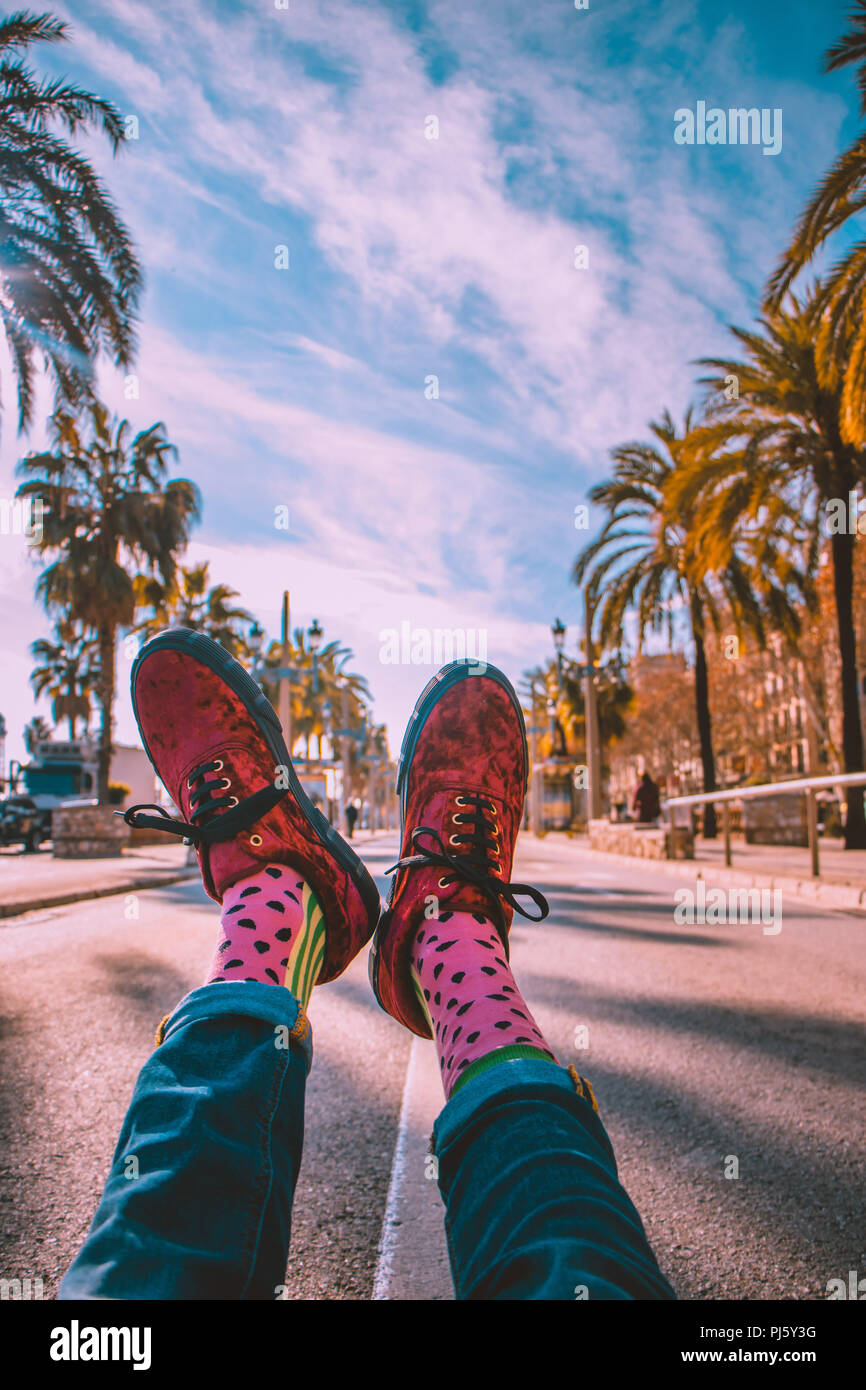 Happy socks on the street in Barcelona, Spain Stock Photo