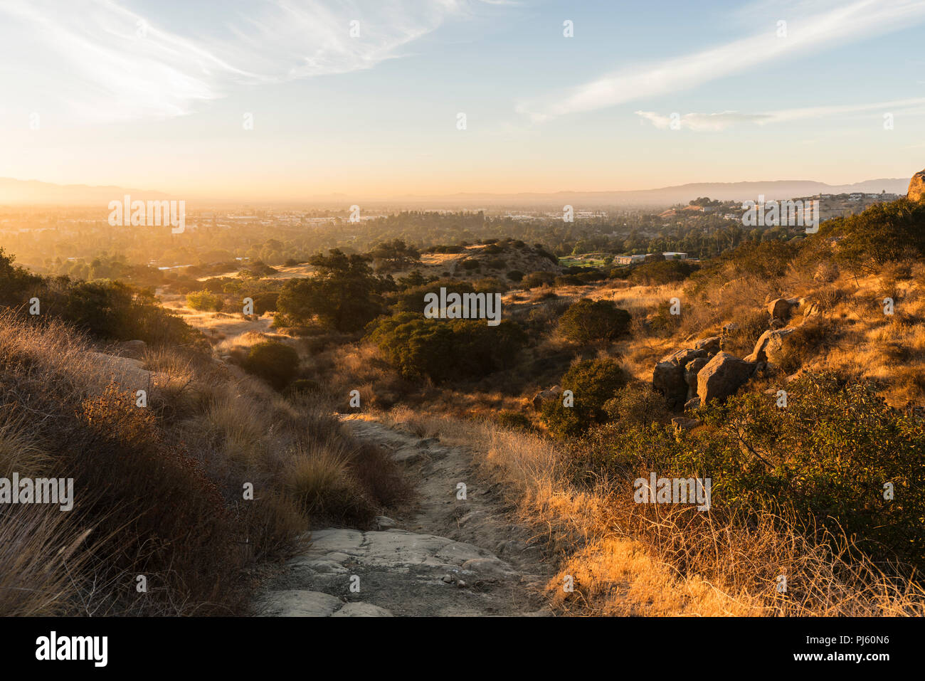 Golden dawn light at Santa Susana Pass State Historic Park in Los Angeles, California. Stock Photo