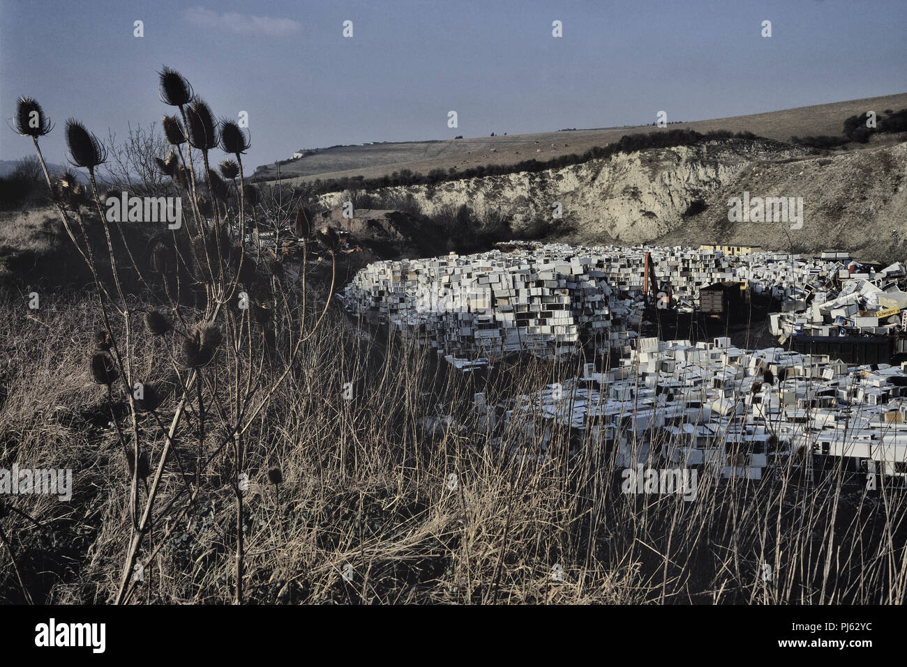 Old refrigerators, fridges await recycling at the temporary storage