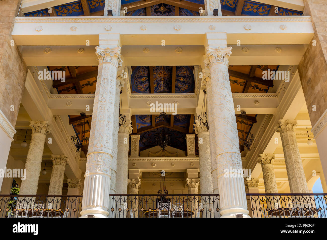 TBILISI, GEORGIA - MAY 12, 2018: The restored three-story building of the restaurant with the columns in Mtatsminda Park on funicular in Tbilisi. Stock Photo