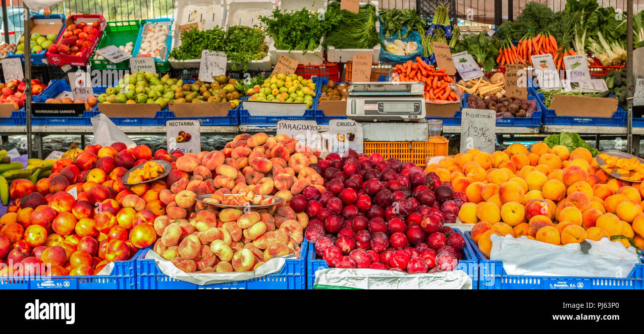 Market stall with fresh, healthy fruits and vegetables in Gran Alacant