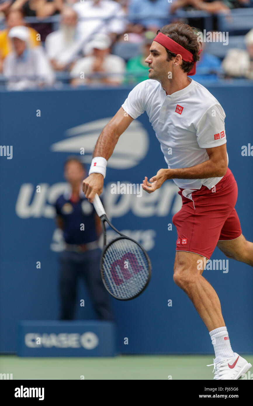 Roger Federer (SUI) competing at the 2018 US Open Tennis. Stock Photo