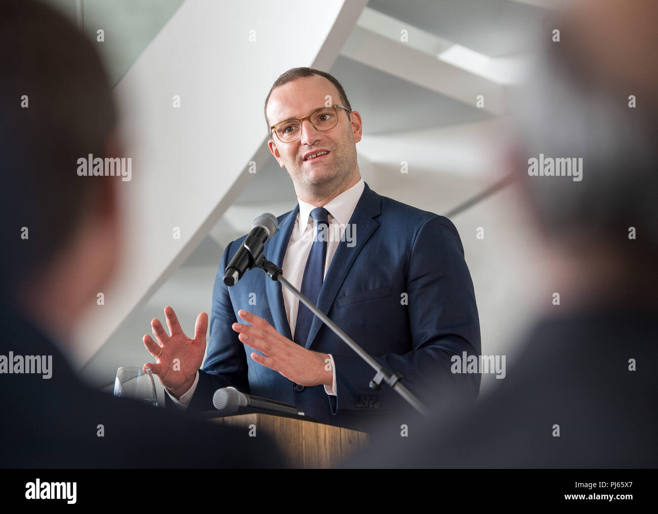 September 4, 2018, Saxony, Wilsdruff: Jens Spahn of the Christian Democratic Union (CDU), Federal Minister of Health, speaks at the inauguration of the new dialyzer production facility at B. Braun Avitum Saxonia GmbH. The construction of the new plant cost over 100 million euros. It is Europe's most modern dialyzer factory. Photo: Monika Skolimowska/dpa-Zentralbild/dpa Stock Photo