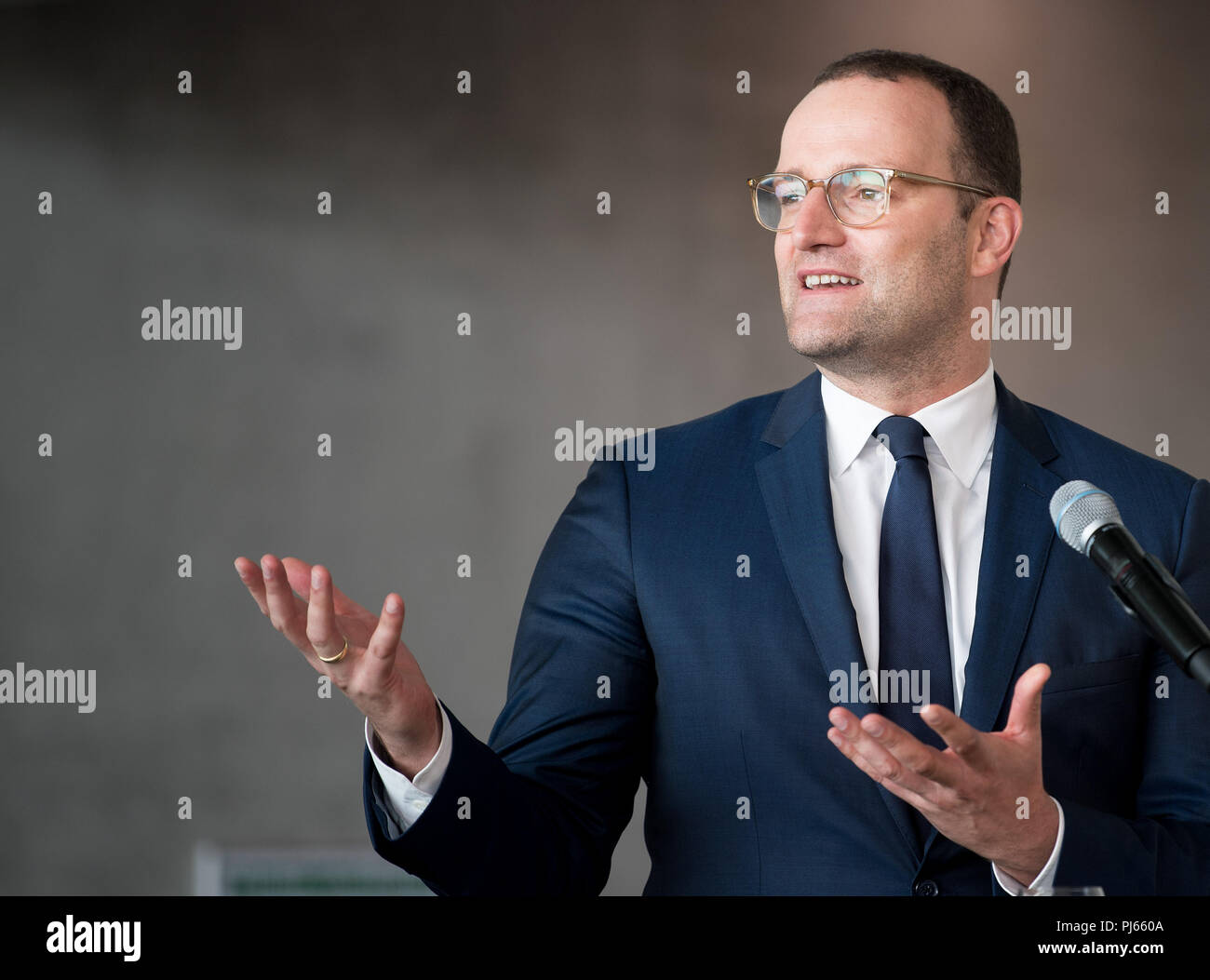 September 4, 2018, Saxony, Wilsdruff: Jens Spahn of the Christian Democratic Union (CDU), Federal Minister of Health, speaks at the inauguration of the new dialyzer production facility at B. Braun Avitum Saxonia GmbH. The construction of the new plant cost over 100 million euros. It is Europe's most modern dialyzer factory. Photo: Monika Skolimowska/dpa-Zentralbild/dpa Stock Photo