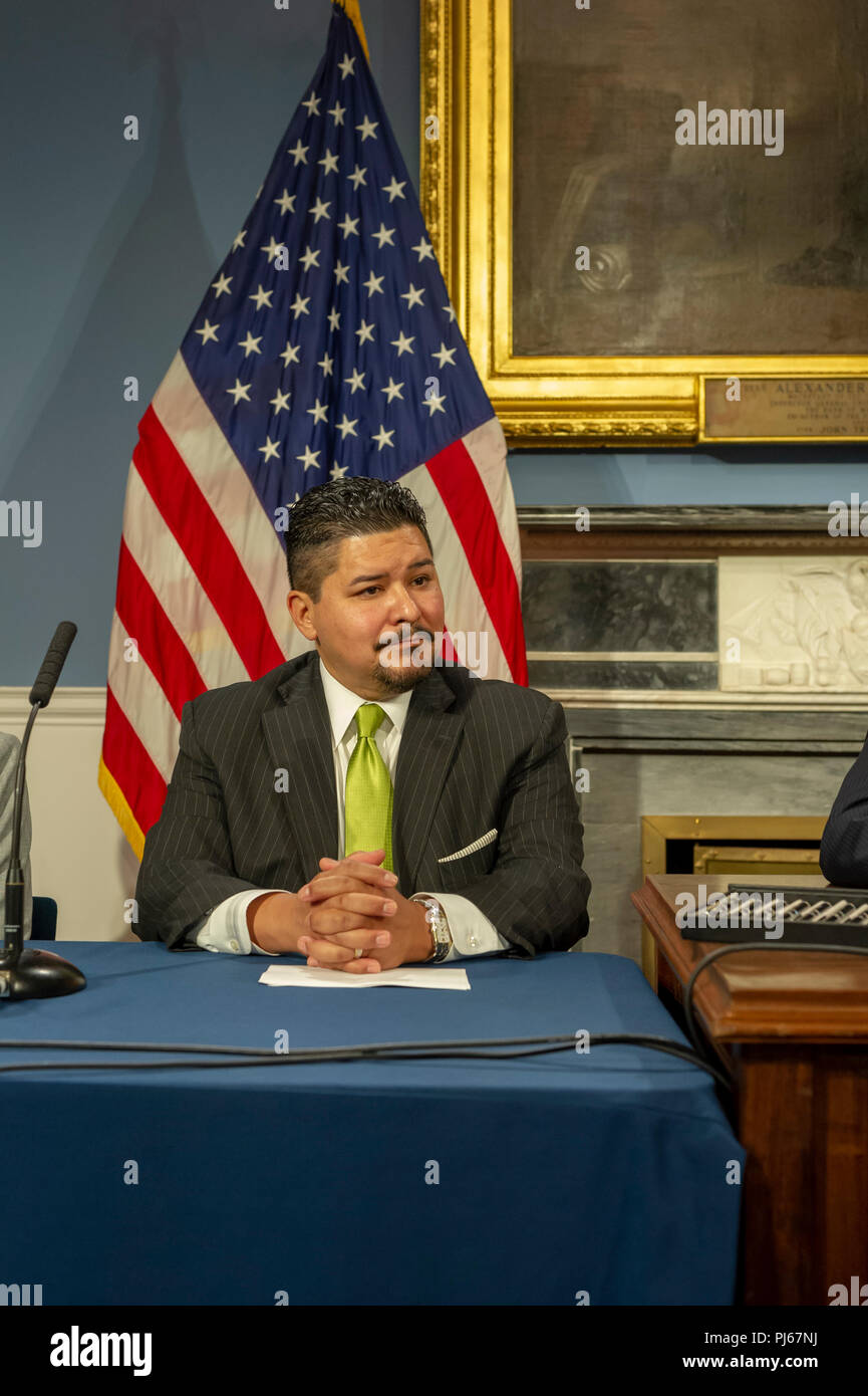 New York Department of Education Schools Chancellor Richard Carranza at a bill signing for Intro. 1089, which preserves and expands the use of speed cameras near schools where speeding is prevalent in the Blue Room in New York City Hall, on Tuesday September 4, 2018 in New York. (Â© Frances M. Roberts) Credit: Frances Roberts/Alamy Live News Stock Photo