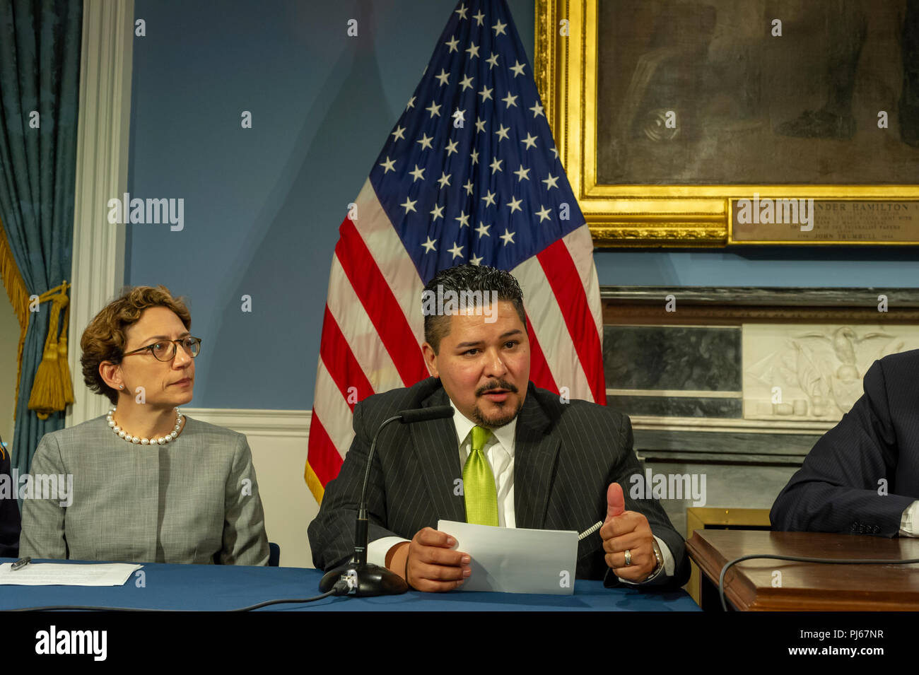 New York Department of Education Schools Chancellor Richard Carranza, speaks at a bill signing for Intro. 1089, which preserves and expands the use of speed cameras near schools where speeding is prevalent in the Blue Room in New York City Hall, on Tuesday September 4, 2018 in New York. (Â© Frances M. Roberts) Credit: Frances Roberts/Alamy Live News Stock Photo