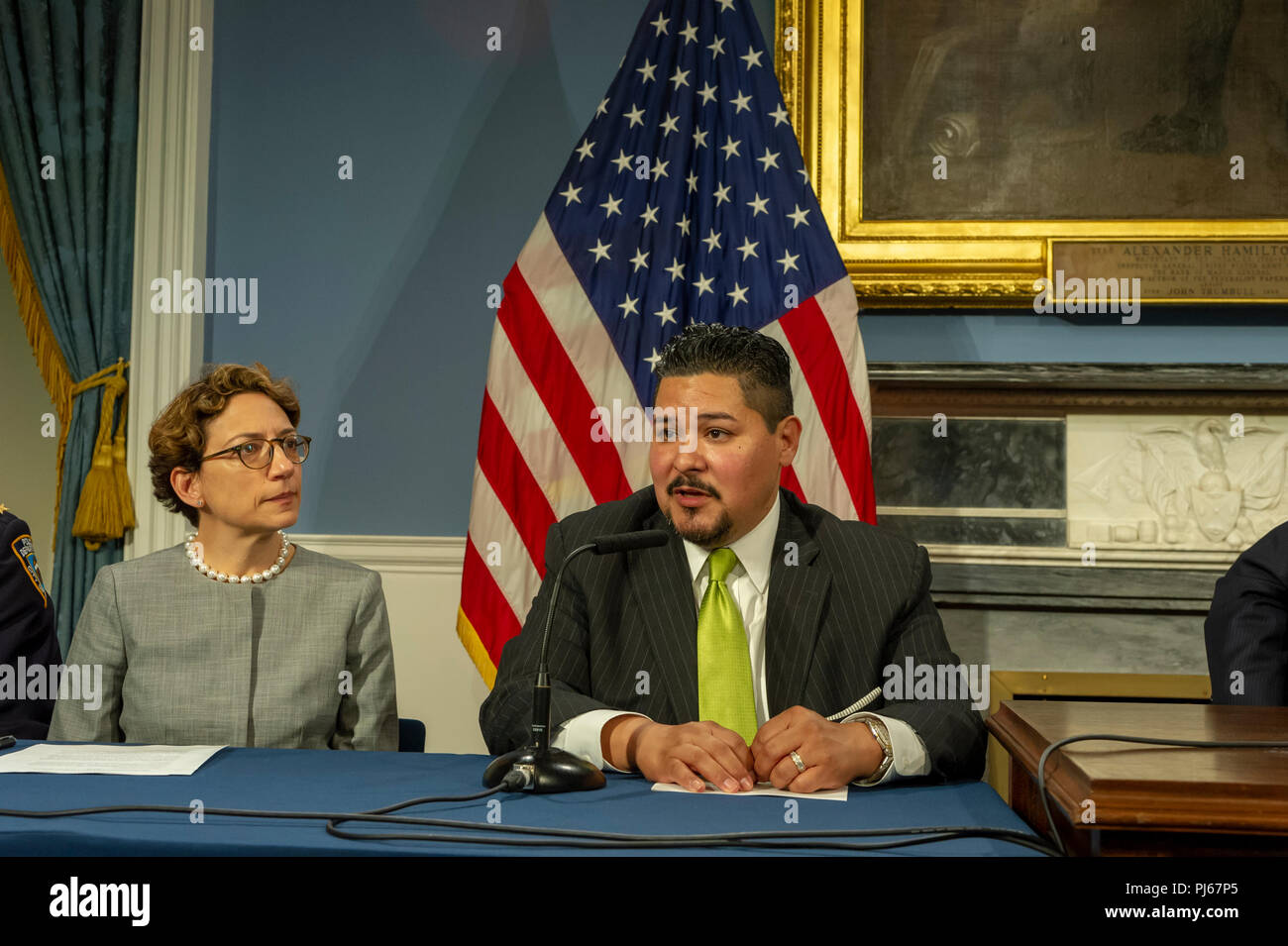 New York Department of Education Schools Chancellor Richard Carranza, speaks at a bill signing for Intro. 1089, which preserves and expands the use of speed cameras near schools where speeding is prevalent in the Blue Room in New York City Hall, on Tuesday September 4, 2018 in New York. (Â© Frances M. Roberts) Credit: Frances Roberts/Alamy Live News Stock Photo