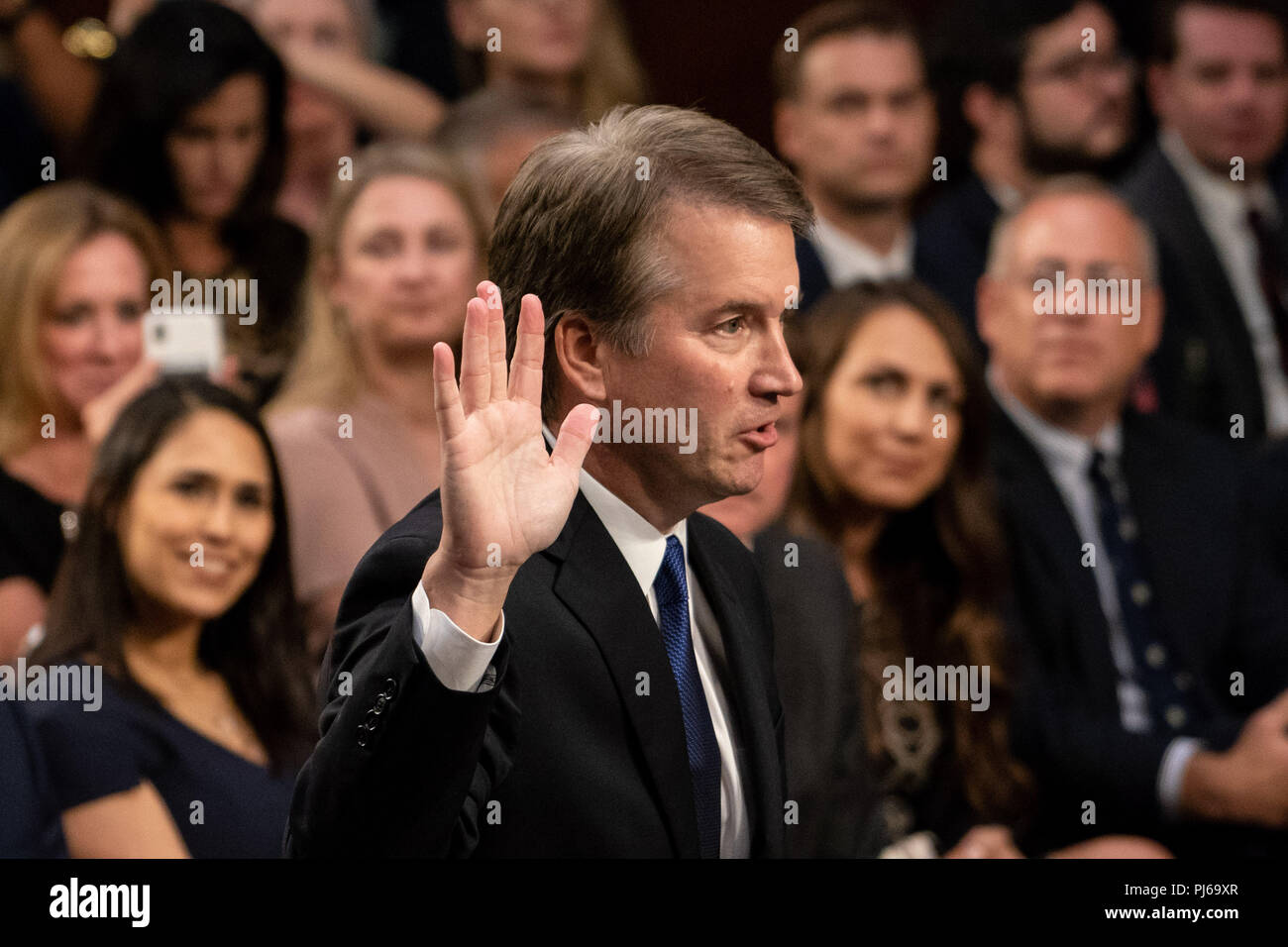 Washington, DC, USA. 4th Sep, 2018. U.S. Supreme Court Associate Justice nominee Brett Kavanaugh is sworn in during his confirmation hearing before the Senate Judiciary Committee in the Hart Senate Office Building in Washington, DC on Sept 4, 2018. Credit: Ken Cedeno/ZUMA Wire/Alamy Live News Stock Photo