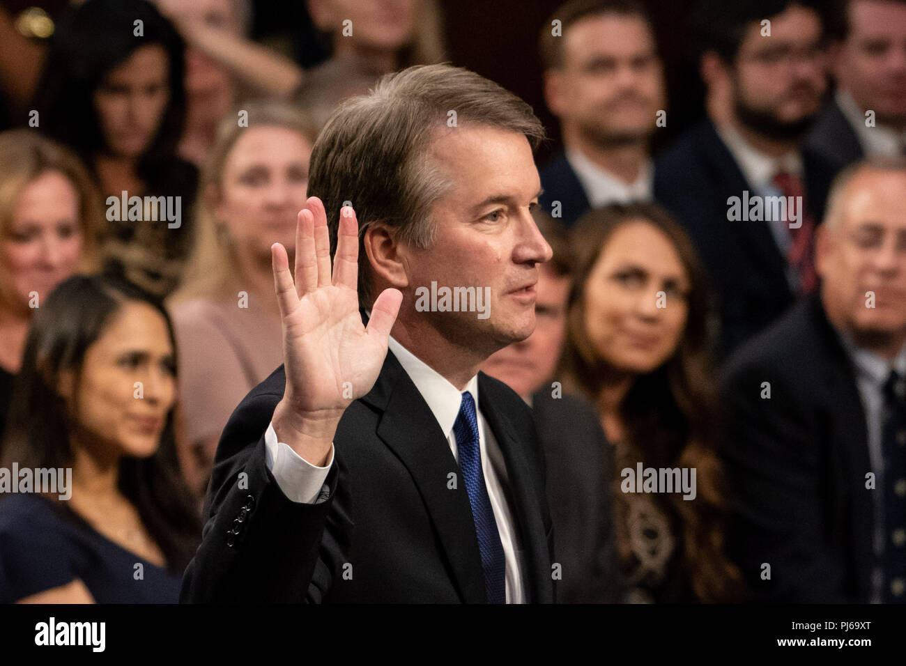 Washington, DC, USA. 4th Sep, 2018. U.S. Supreme Court Associate Justice nominee Brett Kavanaugh is sworn in during his confirmation hearing before the Senate Judiciary Committee in the Hart Senate Office Building in Washington, DC on Sept 4, 2018. Credit: Ken Cedeno/ZUMA Wire/Alamy Live News Stock Photo
