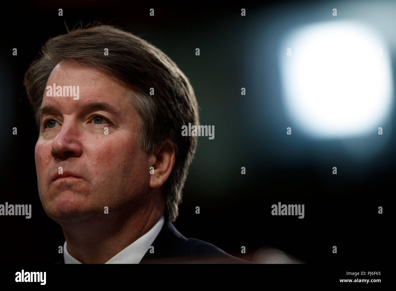 Washington, USA. 4th Sep, 2018. U.S. Supreme Court nominee Judge Brett Kavanaugh listens during his Senate confirmation hearing on Capitol Hill in Washington, DC, the United States, Sept. 4, 2018. The Senate confirmation hearing for Kavanaugh began Tuesday, which has descended into chaos as Democrats protested about Republicans blocking access to documents concerning the judge. Credit: Ting Shen/Xinhua/Alamy Live News Stock Photo