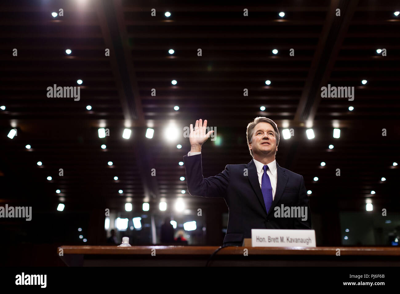 Washington, USA. 4th Sep, 2018. U.S. Supreme Court nominee Judge Brett Kavanaugh swears in during his Senate confirmation hearing on Capitol Hill in Washington, DC, the United States, Sept. 4, 2018. The Senate confirmation hearing for Kavanaugh began Tuesday, which has descended into chaos as Democrats protested about Republicans blocking access to documents concerning the judge. Credit: Ting Shen/Xinhua/Alamy Live News Stock Photo