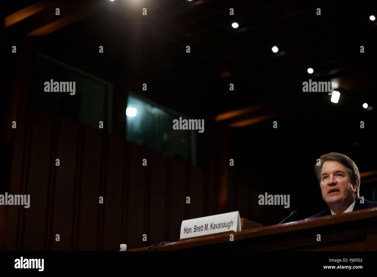 Washington, USA. 4th Sep, 2018. U.S. Supreme Court nominee Judge Brett Kavanaugh speaks during his Senate confirmation hearing on Capitol Hill in Washington, DC, the United States, Sept. 4, 2018. The Senate confirmation hearing for Kavanaugh began Tuesday, which has descended into chaos as Democrats protested about Republicans blocking access to documents concerning the judge. Credit: Ting Shen/Xinhua/Alamy Live News Stock Photo