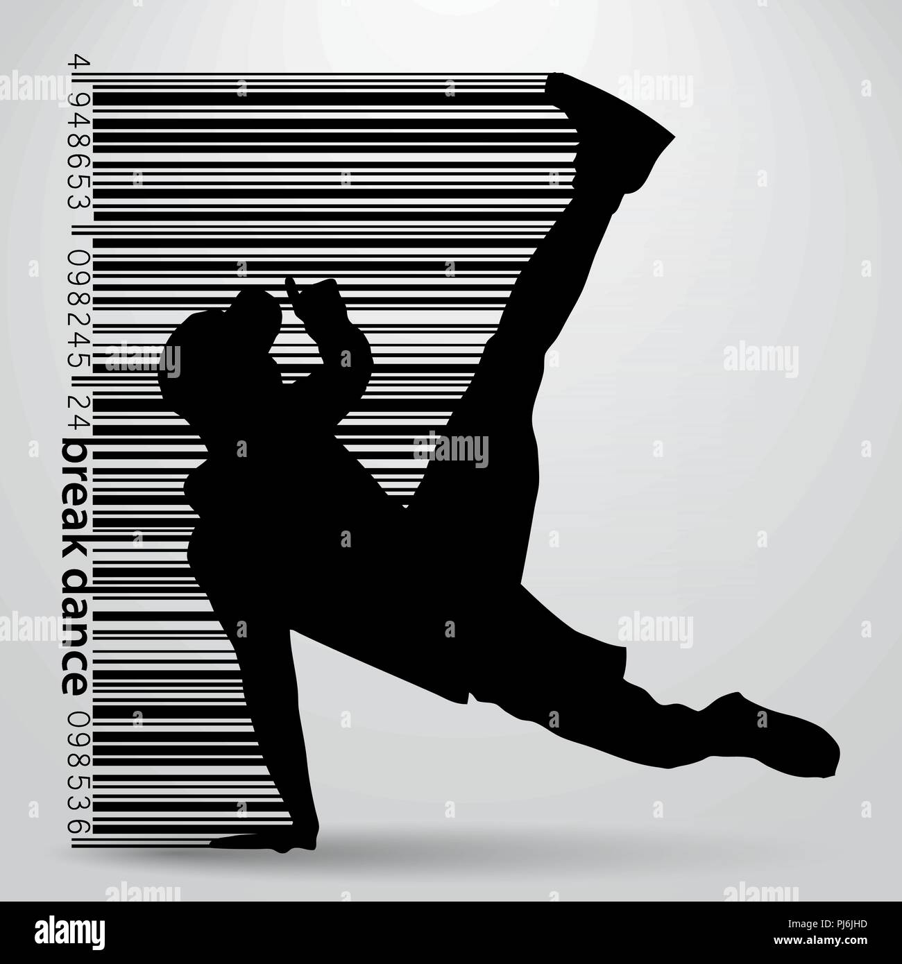 Silhouette of a break dancer. Background and text on a separate layer, color can be changed in one click Stock Vector