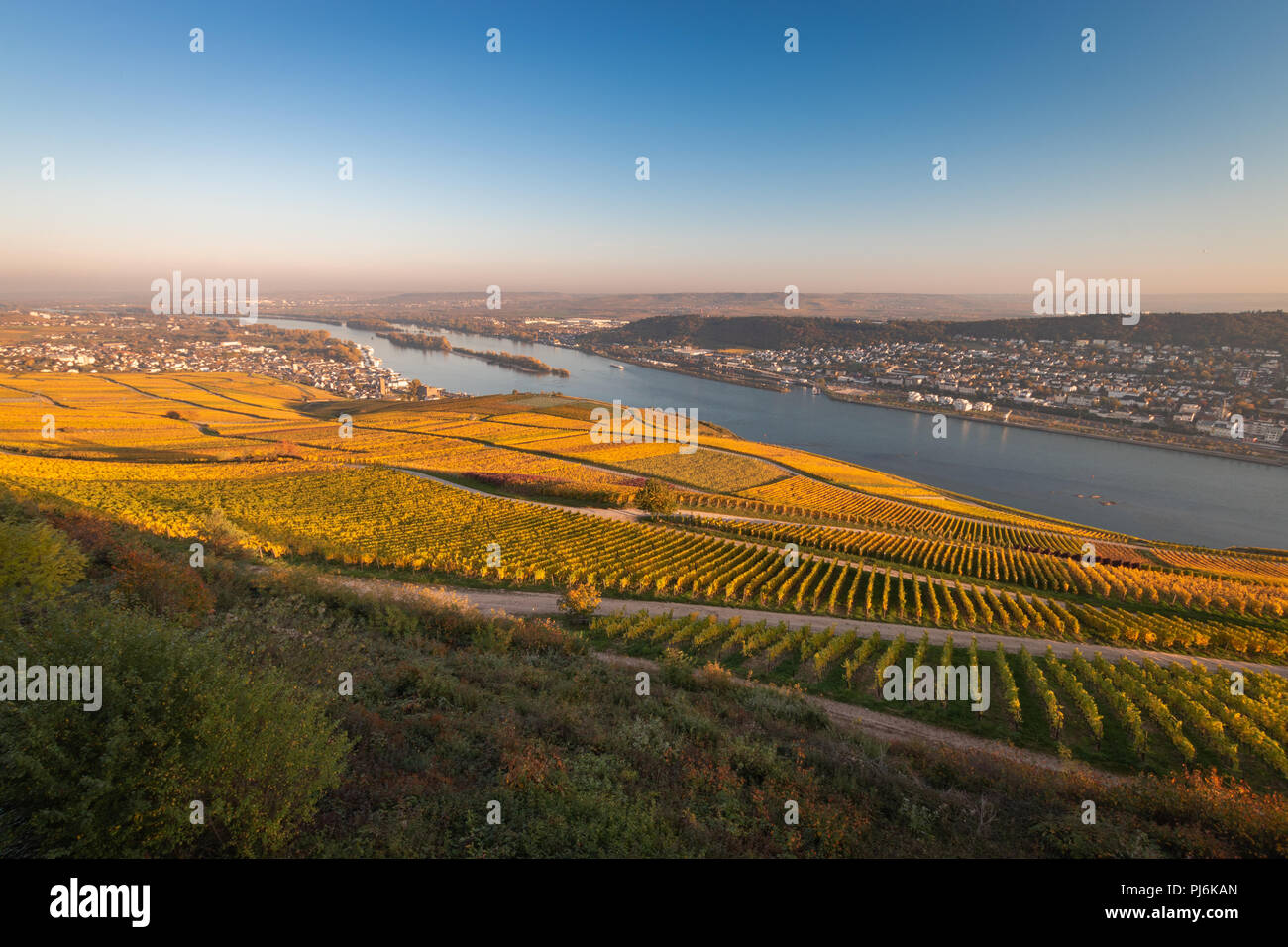 Panoramic view from Niederwalddenkmal to Rheingau, city of Bingen, and to Rheinhessen Stock Photo
