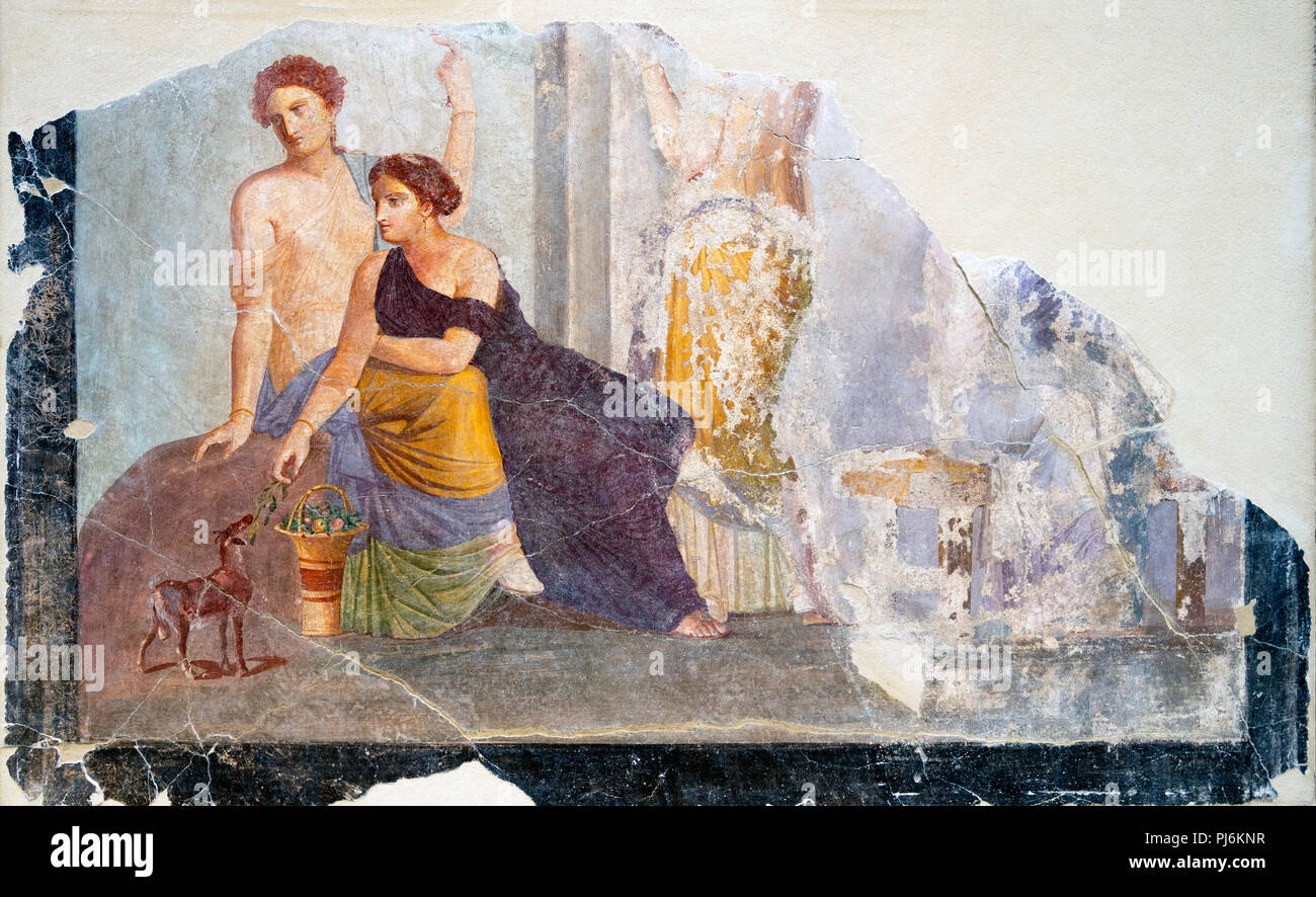 Pompeii fresco. Fragment of a fresco from the ruins of ancient Pompeii, Italy, probably depicting a Bacchic cult scene of a woman with a fawn. Dating from around 30-50 BC. Stock Photo