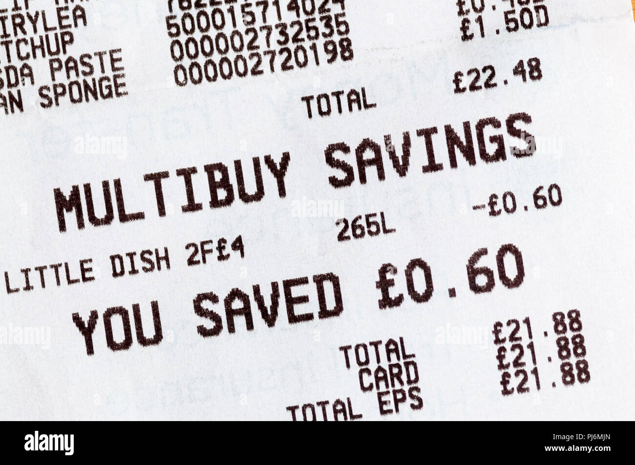The amount of Multibuy Savings listed on a supermarket till receipt. Stock Photo
