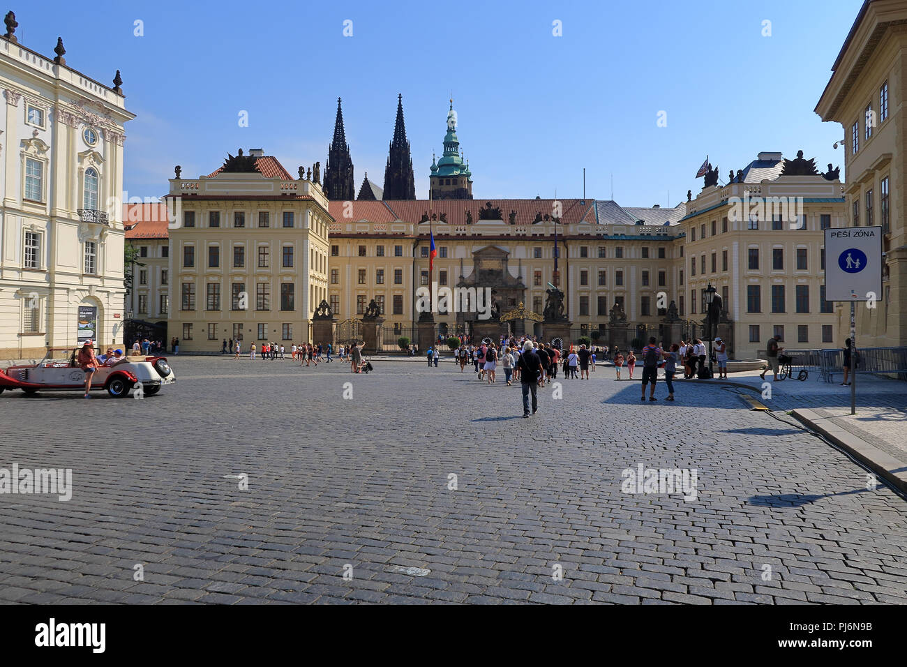 Hradcany Square facing Prague castle Stock Photo